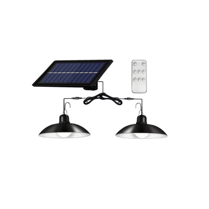 Лампа с 2 LED крушки и подвижен соларен панел, 15W, дистанционно управление, сензор за светлина, дължина на кабела 3 метра, INELAG