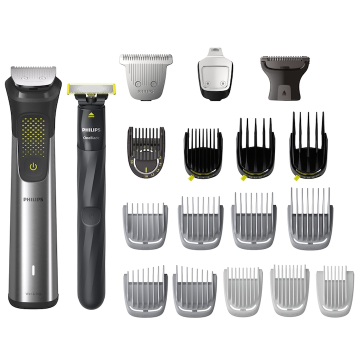 OneBlade és 20 az 1-ben PHILIPS Multigroom All in One MG9553/15 szakáll- és szőrnyíró készlet, BeardSense és OneBlade technológia, önélező acélpengék, 27 hosszbeállítás, vízálló, ezüst tok