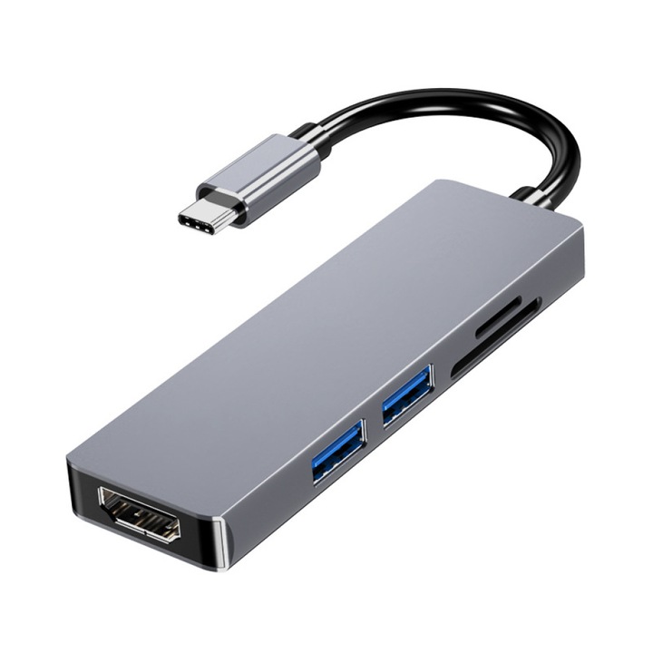 USB-C хъб 0805BM-BST3130392, 5-в-1, HDMI 4K, USB-A 5Gb/s + USB-A 480Mb/s, двоен четец SD/TF, сив
