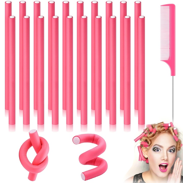 Bgudiuri flexibile pentru par, BYONDSELF®, 31Pcs, cu Pieptene, 180*10mm, Fara Caldura, pentru Toate Tipurile de Par, Roz