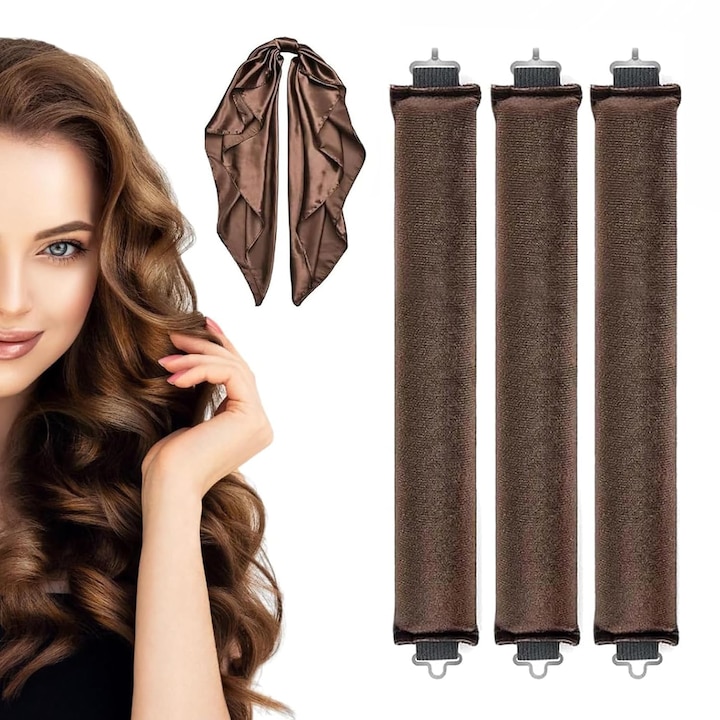3 db-os hajcsavaró készlet, BYONDSELF®, bársony, sállal, minden hajtípusra, barna szín
