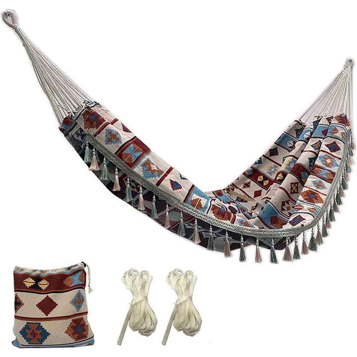 Hamac, hamac macrame boho cu ciucure, hamac portabil suspendat pentru 2 persoane, 150 kg, hamac de camping cu geanta de transport, hamac pentru terasa, veranda, curte, plaja