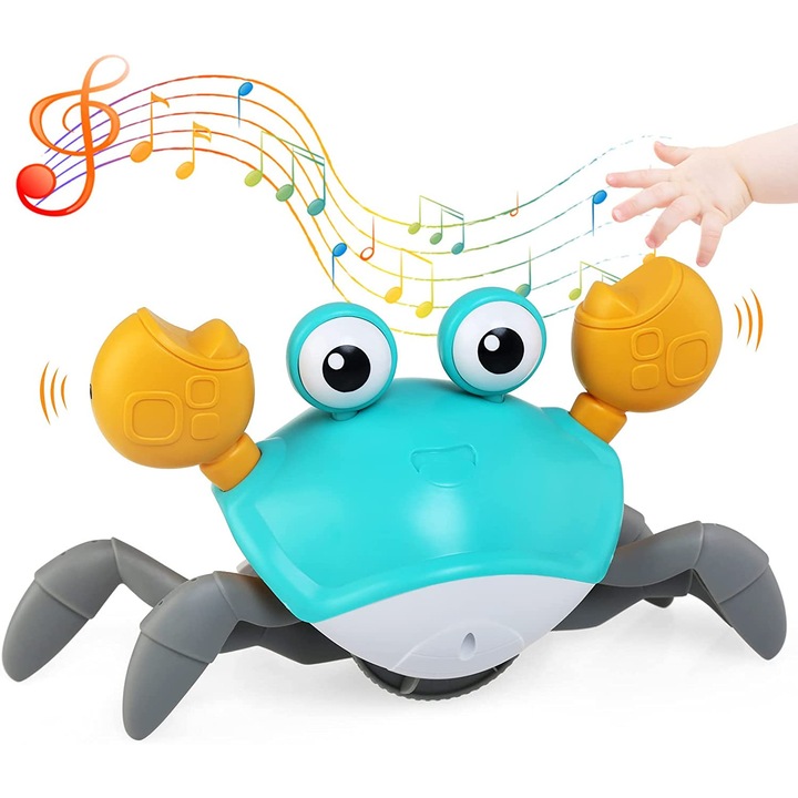 Jucarie crab interactiva cu lumina si muzica, USB reincarcabil, verde, 12x10x8cm