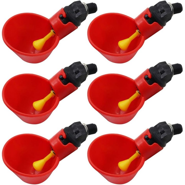 Adapator automat pentru gaini/pasari de curte/adapator cu cani, stropitoare, boluri din plastic, hranitor pentru pasari de curte rosii, pachet de 6