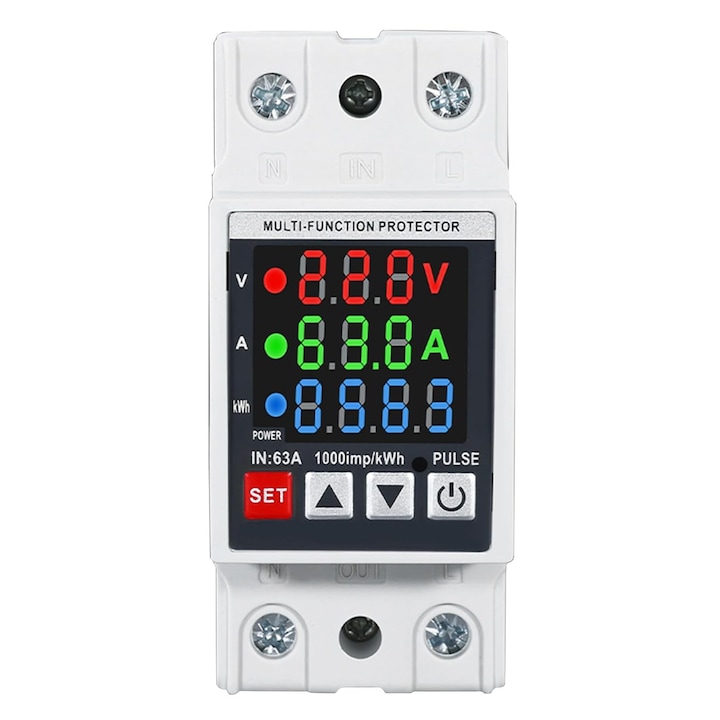 Releu protectie tensiune 220V, TREXORA, protectie ajustabila, resetare automata, 3 afisaje LED, 1-63A, Alb