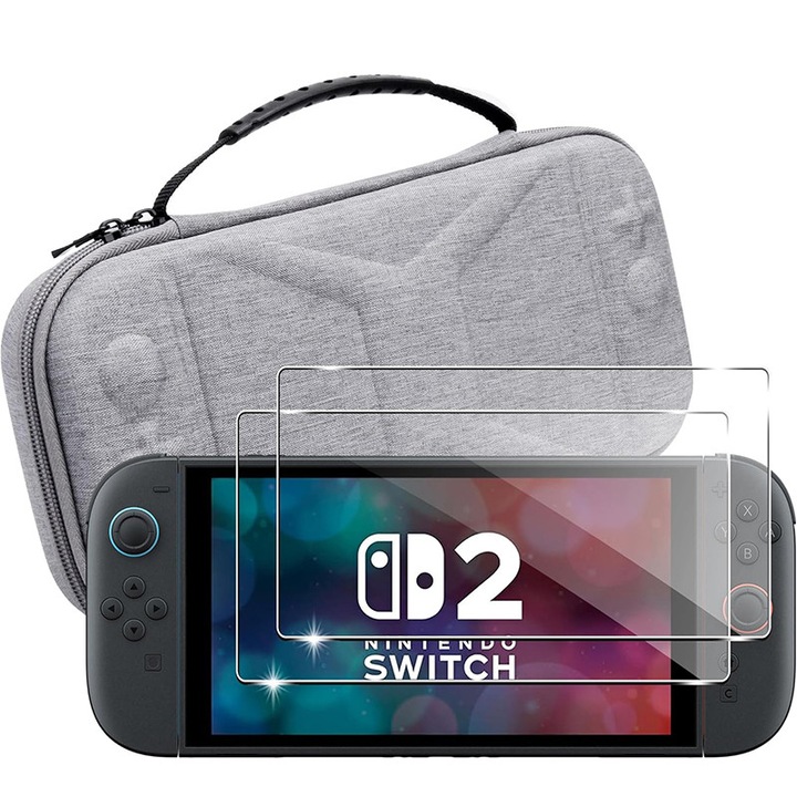 Rqiurpn hordtáska Nintendo Switch 2 kiegészítőkhöz, teljes védelem, 29,5x14x5,5cm, 2 db-os edzett üveg képernyővédő fólia készlet