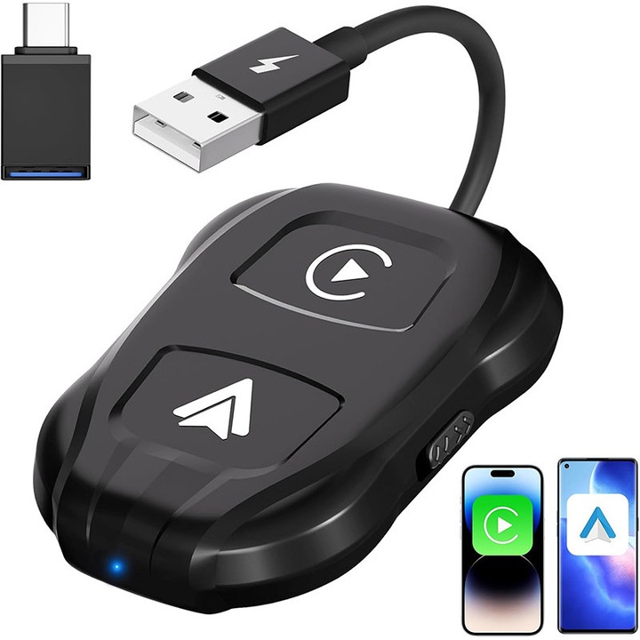 Adaptor auto wireless CarPlay, 2 in 1, Rqiurpn, pentru Android si iOS, Plug and Play, Conectare automata, Bluetooth Device, conectare stabila, actualizari online