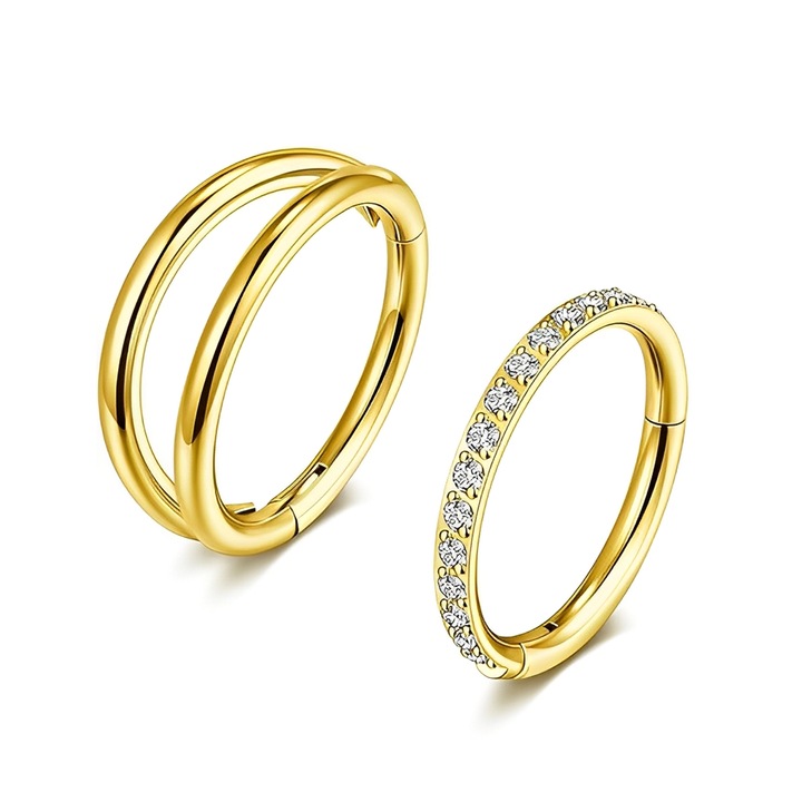 Set 2 cercei pentru nas, TREXORA, Inox/Titan/Zirconiu, Auriu