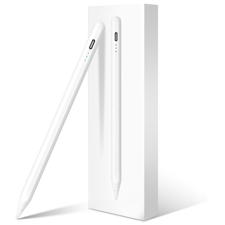 Stylus pen, Rqiurpn, pencil pentru tableta iPad Apple 2018-2025, capacitiv, Sensibilitate la Inclinare, Rejectie Palma, fara lag, fast charge, 1.5mm, USB-C, alb