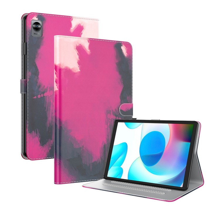 OPPO Realme Pad mini 8.7 hüvelykes tablet tok, kihajtható bőr akvarell mintával, mágneses zárral, automatikus alvás/ébresztéssel, teljes porthozzáféréssel, bogyós színű