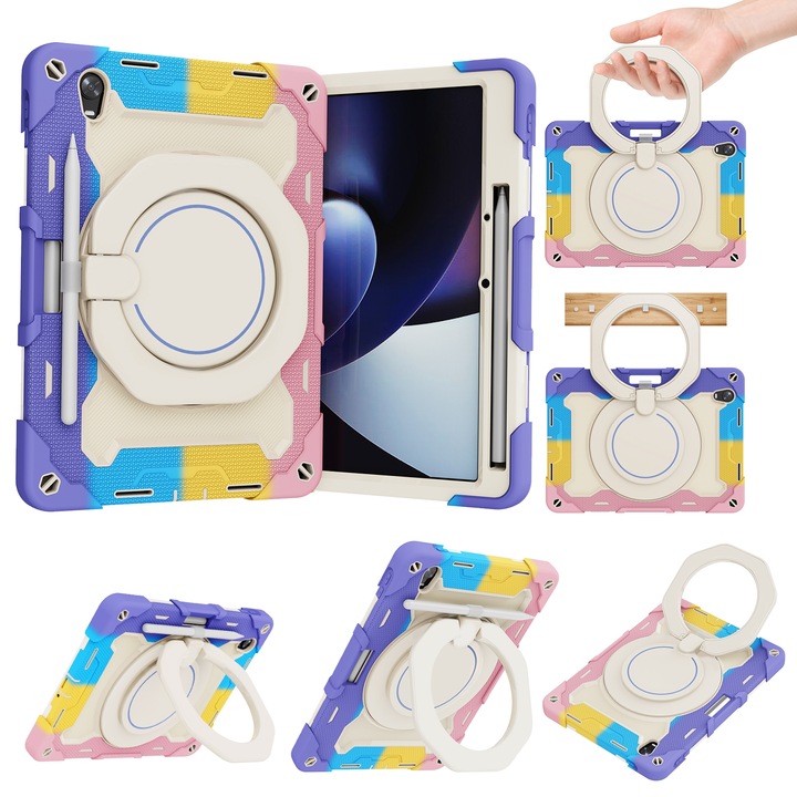 Husa tableta pentru OPPO Pad Armor, silicon + PC, tip design contrastant, cu suport, protectie anti-soc, acces complet la porturi, Roz