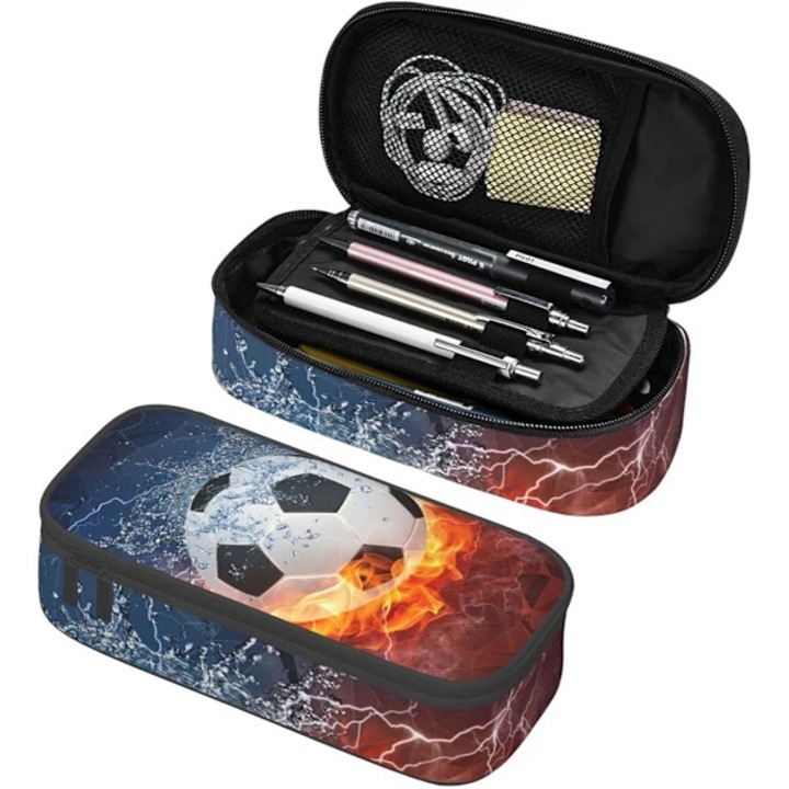 Penar etui mare pentru creioane, capacitate mare, 2 compartimente cu fermoar, buzunar interior din plasa, material Oxford durabil cu imprimeu mingi de fotbal, Multicolor, 1 buc.
