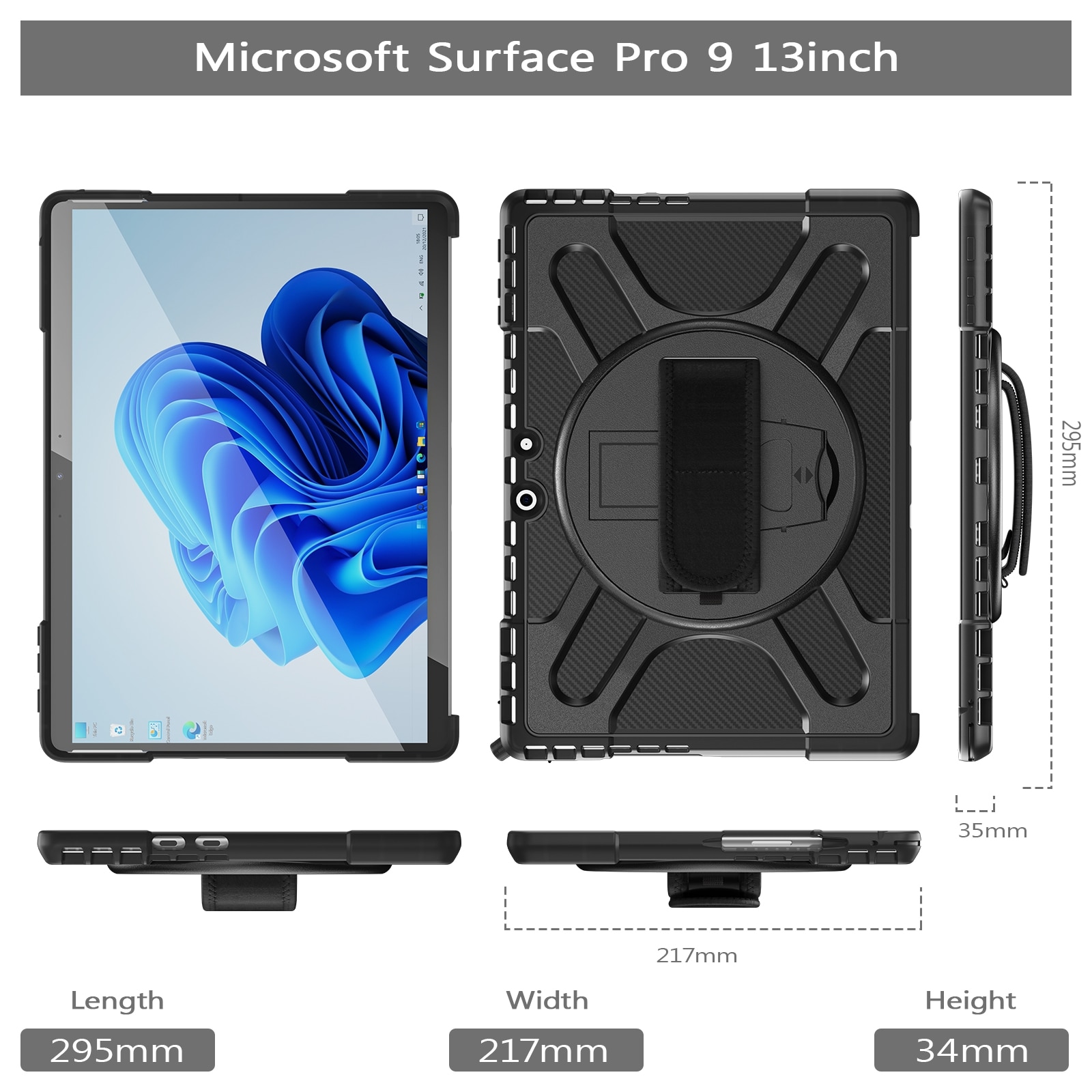 Husa tableta pentru MicroSoft Surface Pro 9 / 10 / 11, cu suport rotativ, margini anti-soc, protectie anti-zgarieturi, neagra