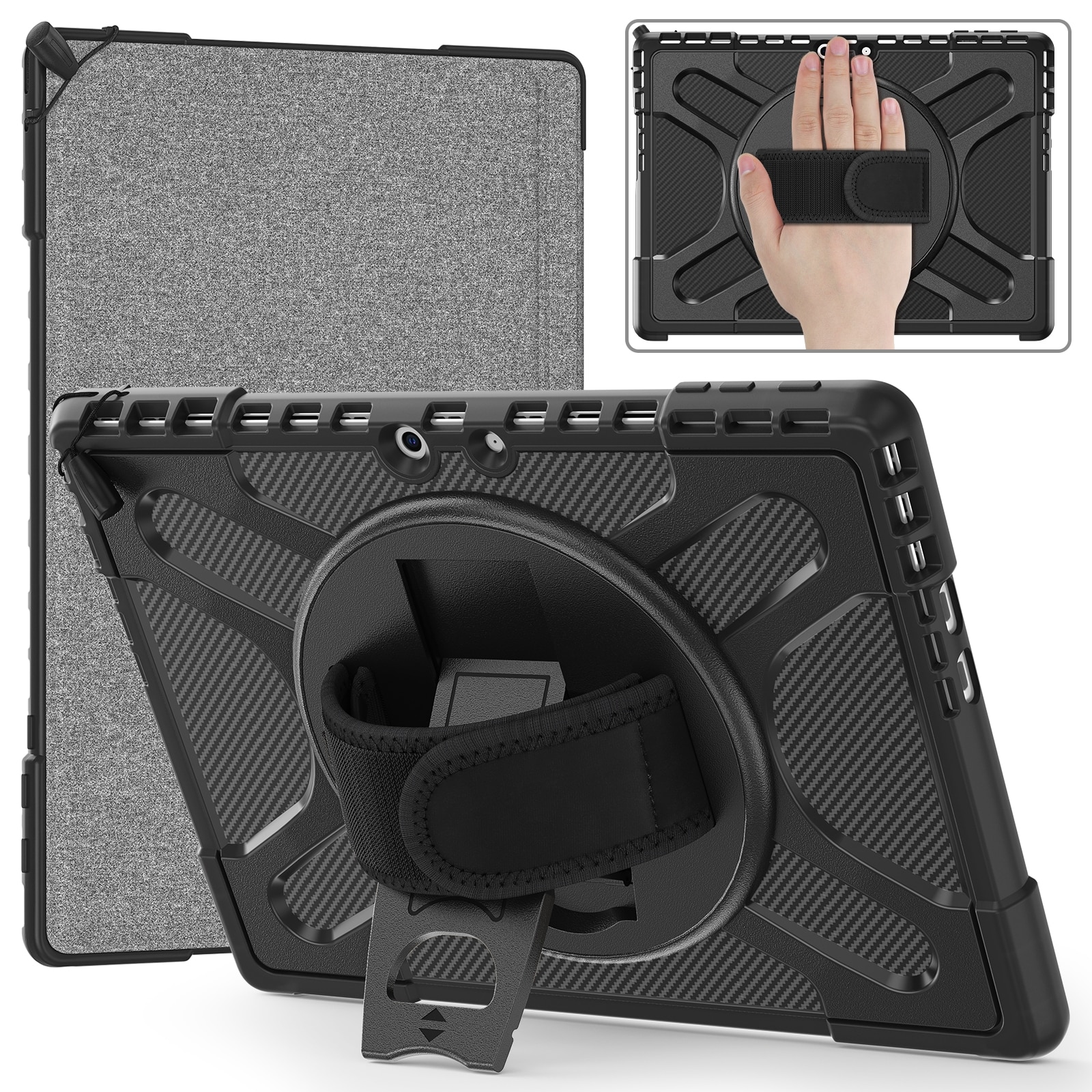 Husa tableta pentru MicroSoft Surface Pro 9 / 10 / 11, cu suport rotativ, margini anti-soc, protectie anti-zgarieturi, neagra