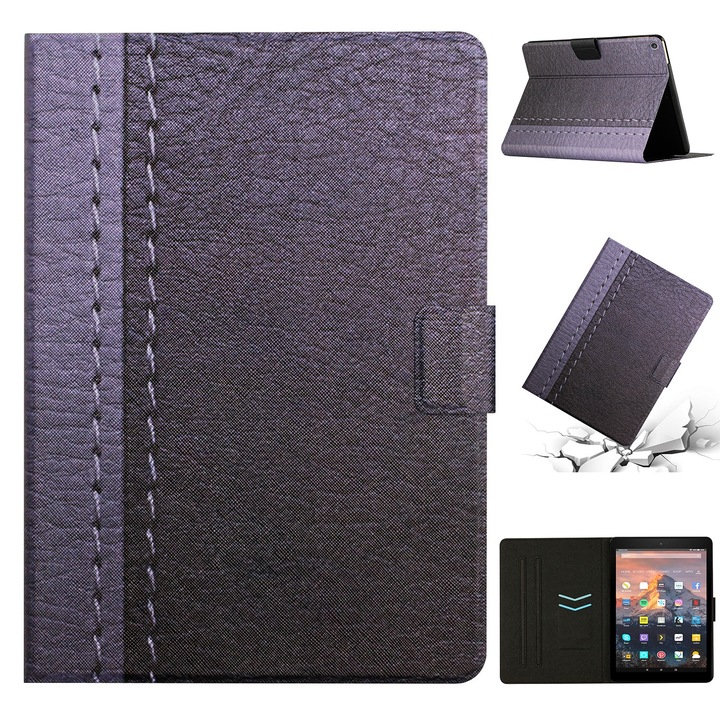 Husa tableta pentru Amazon Kindle Fire HD 8 2018/2017/2016, piele smart, cusaturi, culoare gri