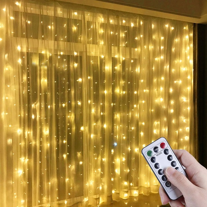 YANYXR 300 LED fényfüzér, 3x3m, meleg fehér, távirányító, IP65 vízálló