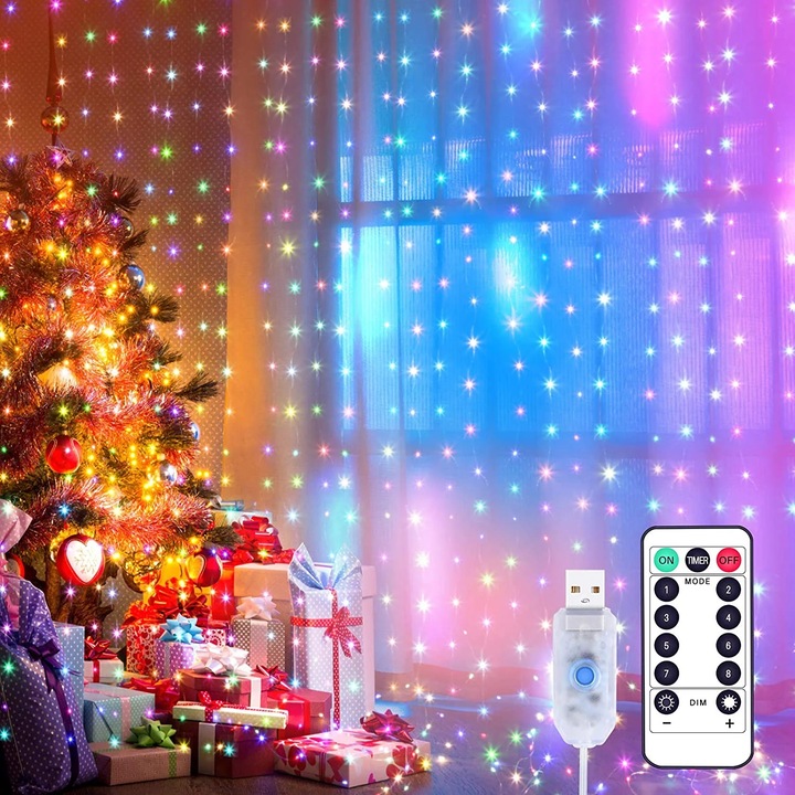 YANYXR LED fényfüggöny 300 LED-es, többszínű, 3x3m, USB, távirányítóval, IP44 vízálló