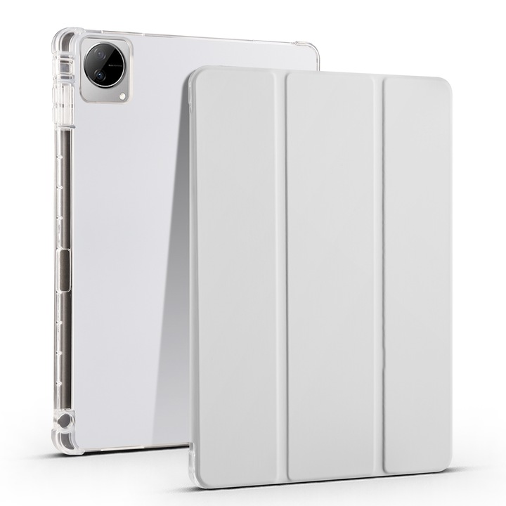 Vivo Pad 11 táblagéptok, átlátszó TPU háromba hajtogatható kapacitív borítással, intelligens bőr borítással, tollnyílással, szürke