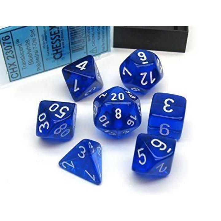 Zaria készlet - 7 áttetsző kék és fehér sokszögű dobókocka, társasjáték