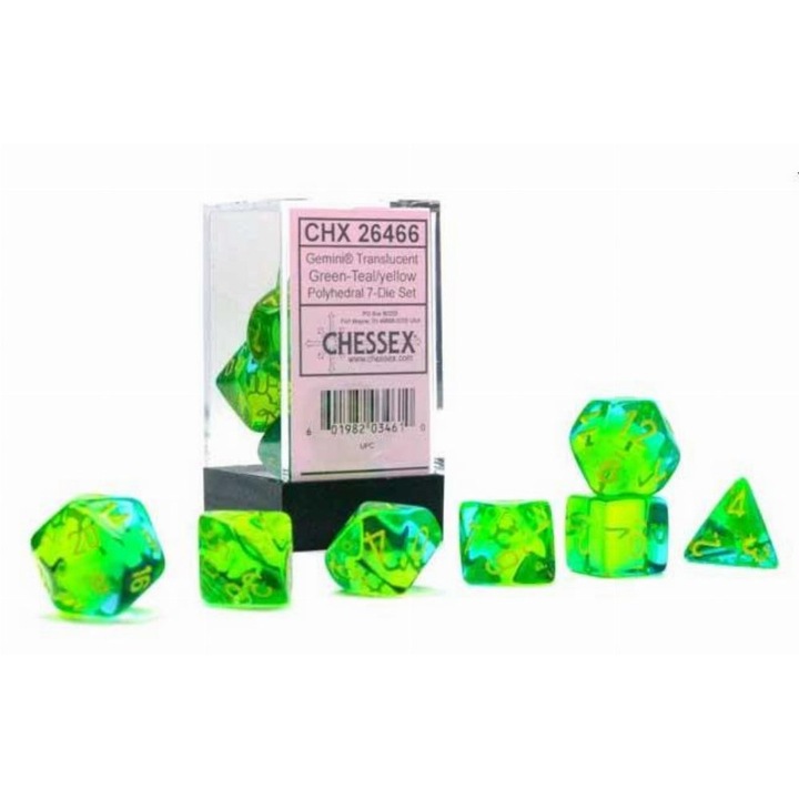 7 dobókocka készlet Chessex, Gemini, Polyhedral, Translucent, zöld-türkiz/sárga