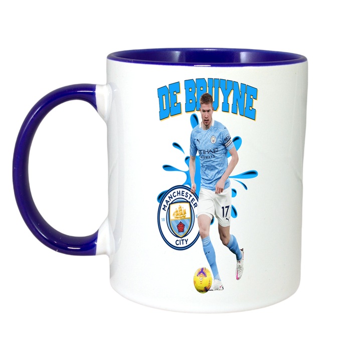 Cana De Bruyne Manchester Ball, ceramica, Cri-Flo, 330ml, Maner si interior Albastru