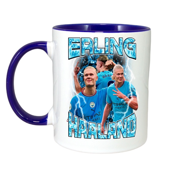 Cana Erling Haaland Hat Trick Make Easy, ceramica, Cri-Flo, 330ml, Maner si interior Albastru