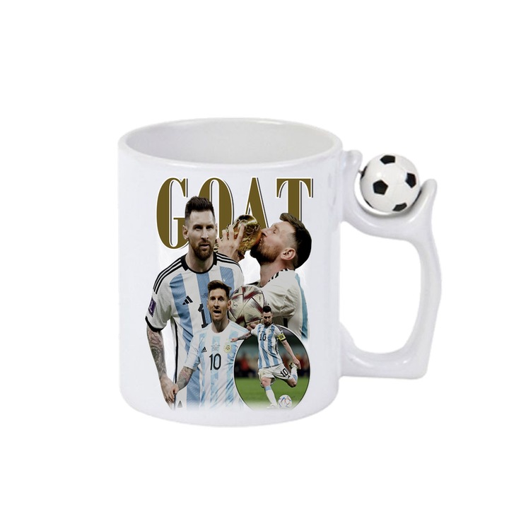 Cana GOAT Lionel Messi Argentina, ceramica, Cri-Flo, 330ml, Minge rotativa antistres, Maner si interior Alb-Negru
