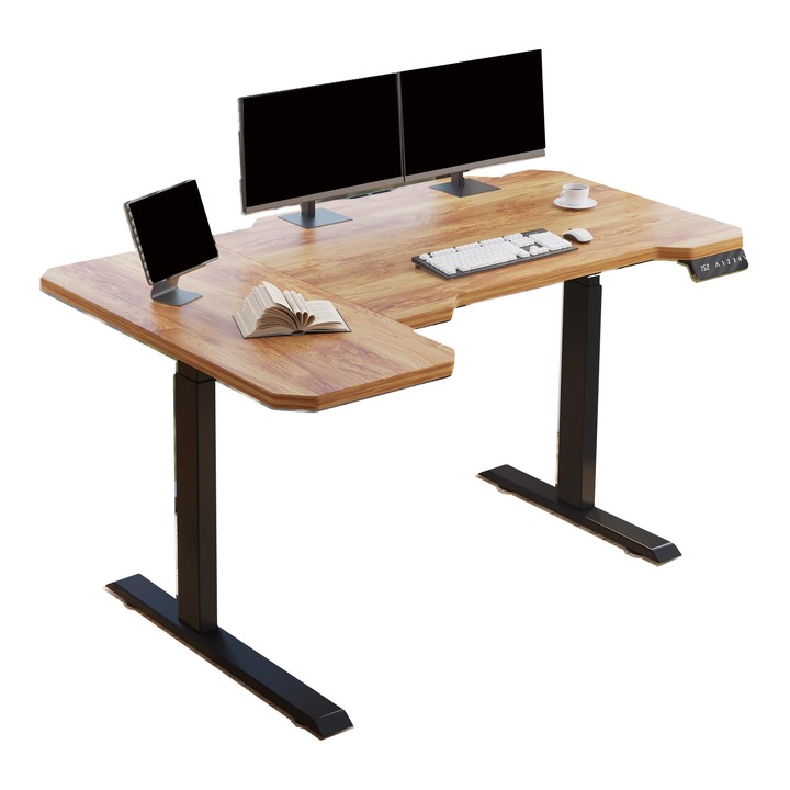 Бюро, 150 см, L-образно, електрически регулируема двойна височина, устойчив на петна и замърсявания MDF/стомана, с електрически регулируема височина, плот 150x78/100 см, функции памет, кехлибарен цвят