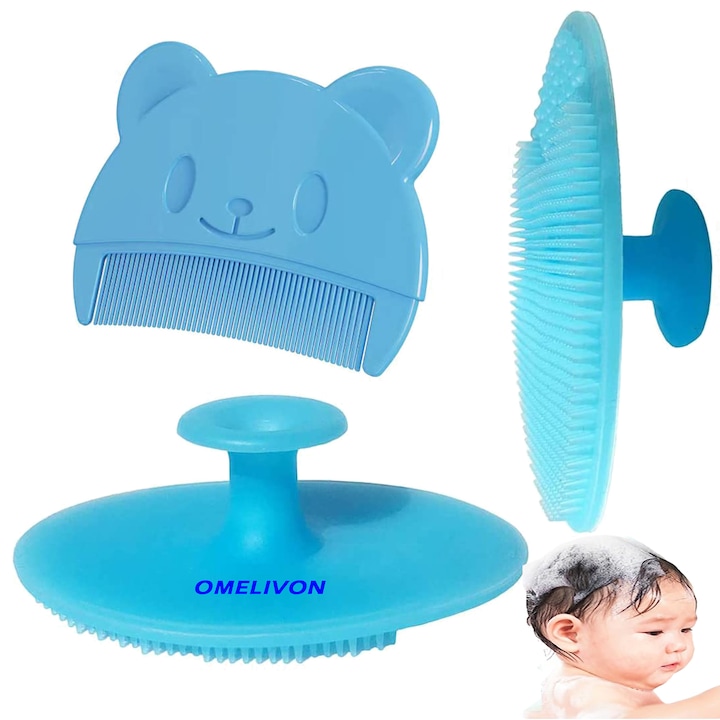 Perie de baie si Pieptan bebelusi pentru indepartarea crustelor, Omelivon, Blue Bear, Portabil, Usor de utilizat si de curatat, Pentru 0 luni +, Potrivit pentru uz profesional sau uz casnic, Silicon, Albastru