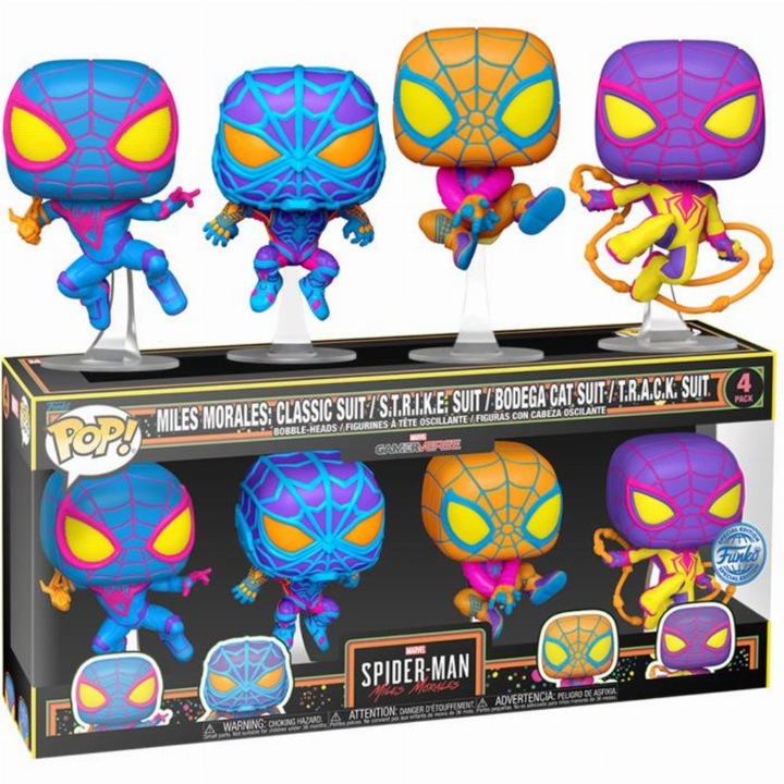 Figurine Funko POP! Marvel - Miles Morales, set 4 piese, Classic Suit, S.T.R.I.K.E. Suit, Bodega Cat Suit, T.R.A.C.K. Suit, multicolor