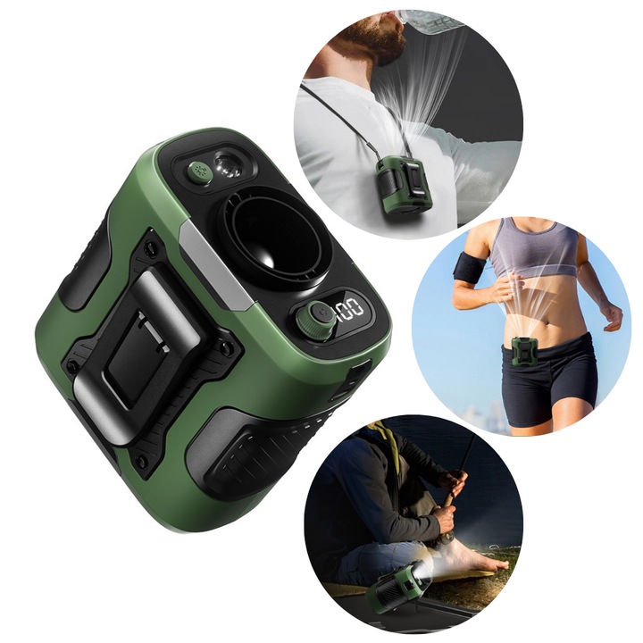 Nagy sebességű hűtő derékventilátor, fokozatmentes sebességszabályozás, LED lámpával, kültéri tevékenységekhez alkalmas, USB töltés, 6000mAh, zöld