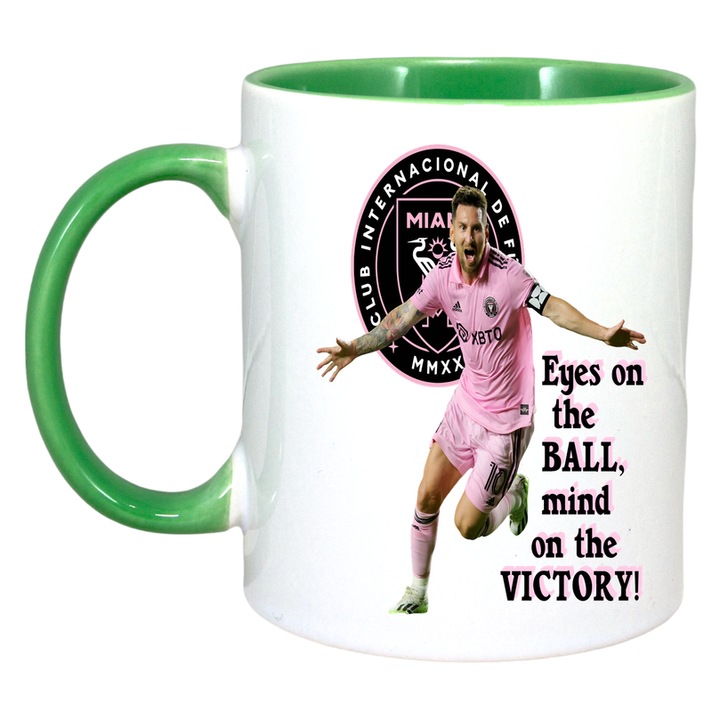 Cana Inter Miami Victory Lionel Messi, ceramica, Cri-Flo, 330ml, Maner si interior Verde