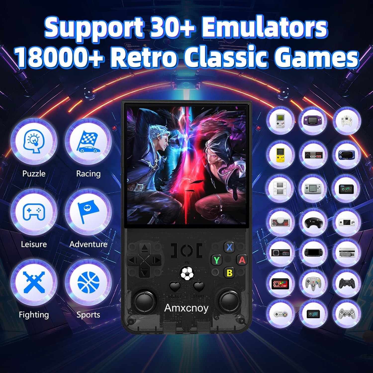 Consola de jocuri portabila R36 Max Retro, Amxcnoy@, Ecran HD IPS de 4.0'' 720x720, 64G incorporat 18000+ jocuri, 4000mAh reincarcabil, 30+ simulatoare, Linux, Arcade portabila de buzunar, Joystick-uri 3D, Multiplayer Wireless, Iesire Video/Audio, Negru