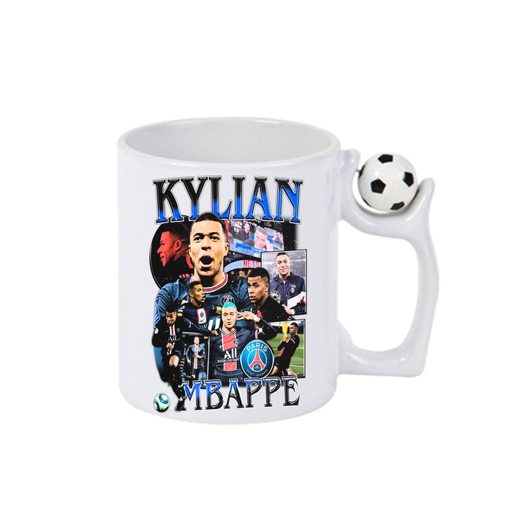 Cana Kilian Mbappe Paris PSG, ceramica, Cri-Flo, 330ml, Minge rotativa antistres, Maner si interior Alb-Negru