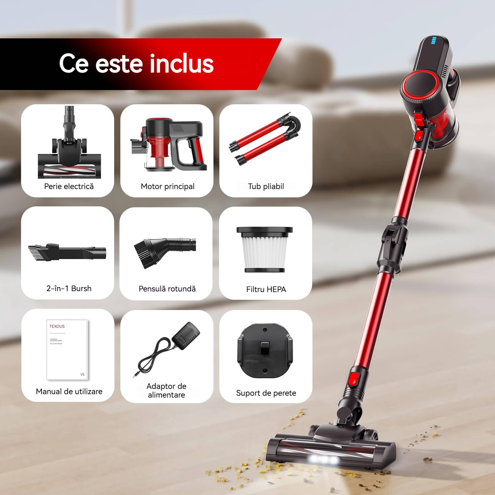 Aspirator fara fir, 6 in 1, 100W, usor, cu lance flexibila, reincarcabil, pentru podea dura de acasa, covor auto, negru/rosu