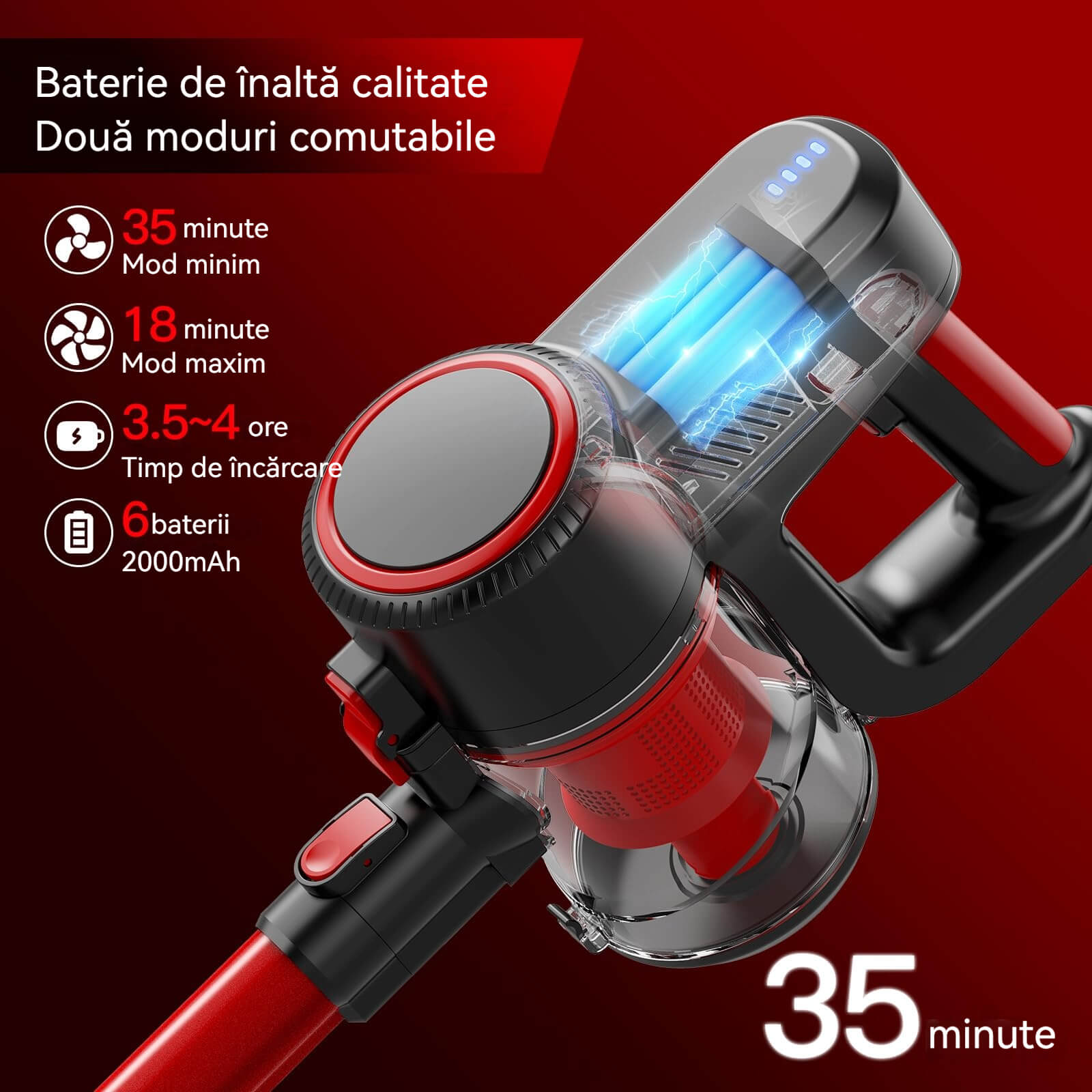 Aspirator fara fir, 6 in 1, 100W, usor, cu lance flexibila, reincarcabil, pentru podea dura de acasa, covor auto, negru/rosu