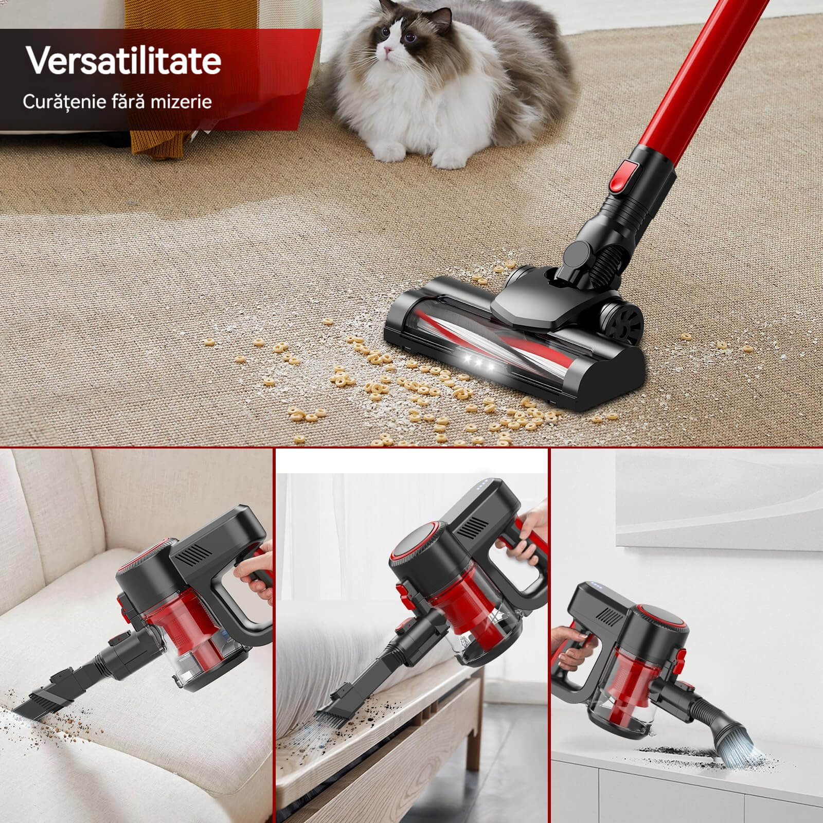 Aspirator fara fir, 6 in 1, 100W, usor, cu lance flexibila, reincarcabil, pentru podea dura de acasa, covor auto, negru/rosu