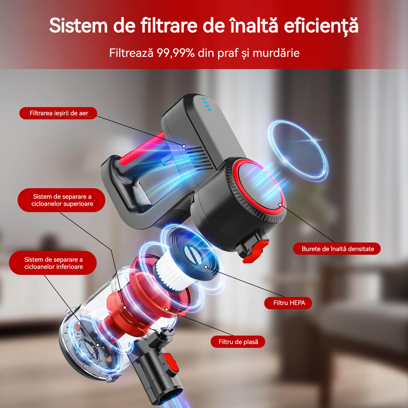 Aspirator fara fir, 6 in 1, 100W, usor, cu lance flexibila, reincarcabil, pentru podea dura de acasa, covor auto, negru/rosu
