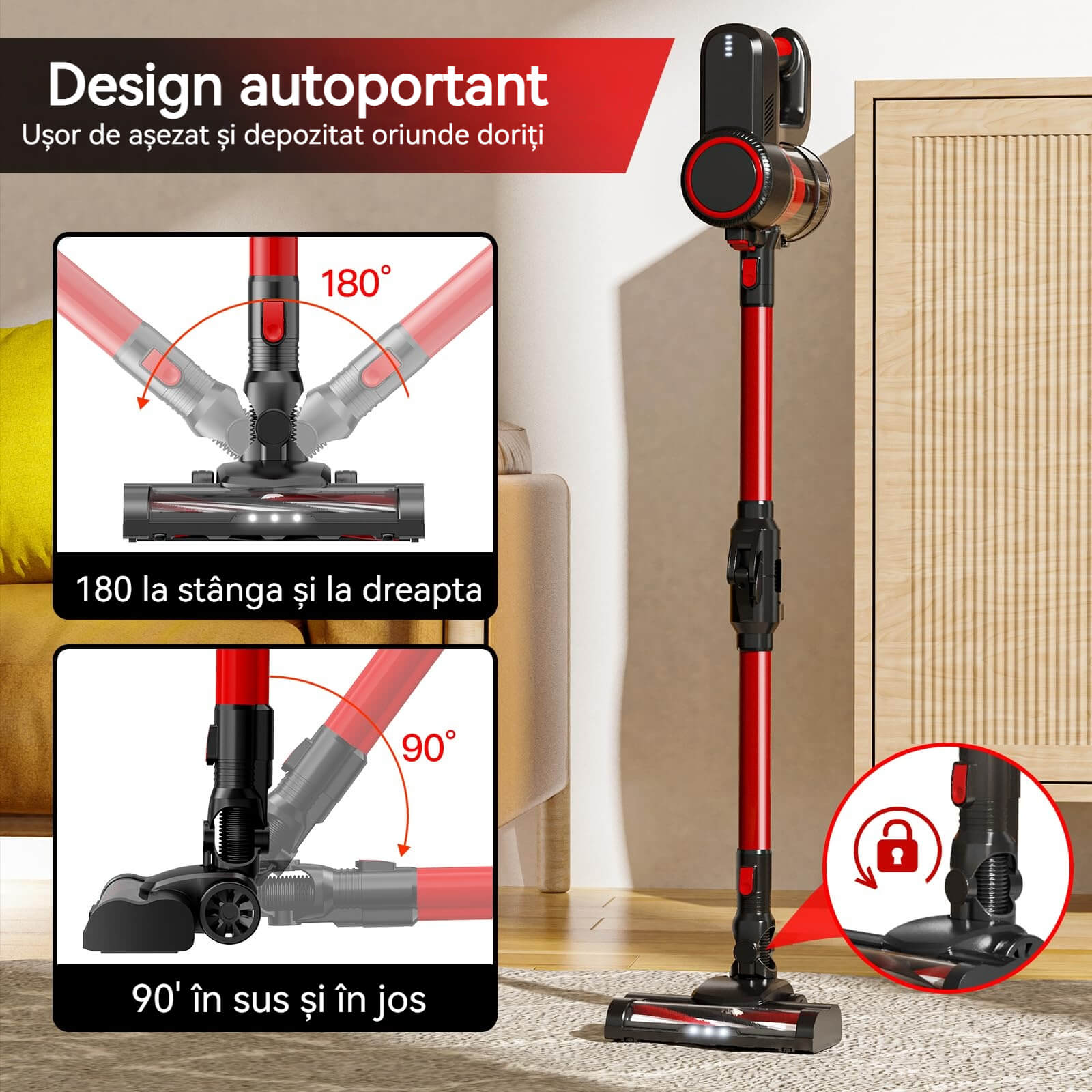 Aspirator fara fir, 6 in 1, 100W, usor, cu lance flexibila, reincarcabil, pentru podea dura de acasa, covor auto, negru/rosu
