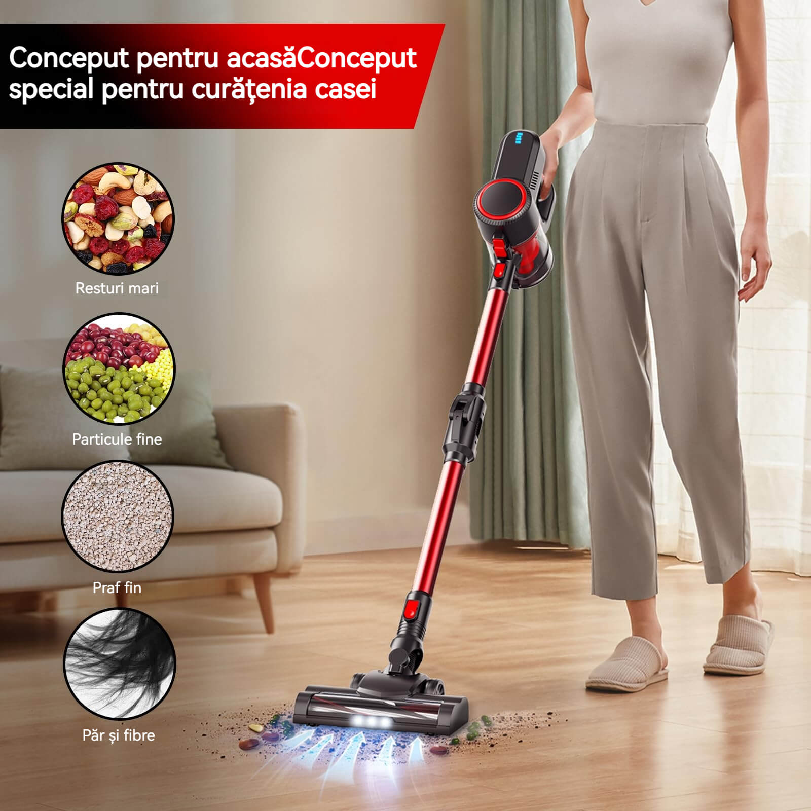 Aspirator fara fir, 6 in 1, 100W, usor, cu lance flexibila, reincarcabil, pentru podea dura de acasa, covor auto, negru/rosu