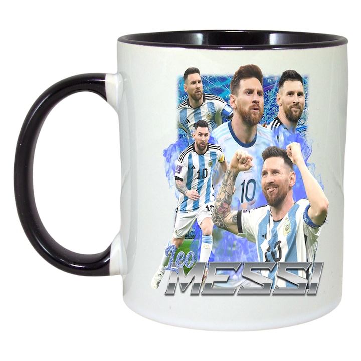 Cana Leo Messi Argentina, ceramica, Cri-Flo, 330ml, Maner si interior Negru