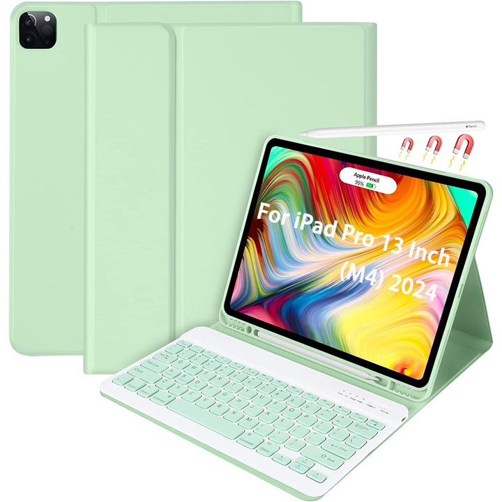 Tastatura tableta pentru iPad Pro 13 inch M4 2024 Apple, carcasa de protectie cu tastatura Bluetooth wireless detasabila, suport pentru stilou, auto Sleep/Wake, romana, verde