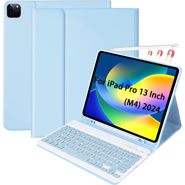 Tastatura pentru tableta iPad Pro 13 inch M4 2024 Apple, carcasa de protectie cu tastatura Bluetooth wireless detasabila, suport pentru stilou, auto Sleep/Wake, romana, Sky Blue