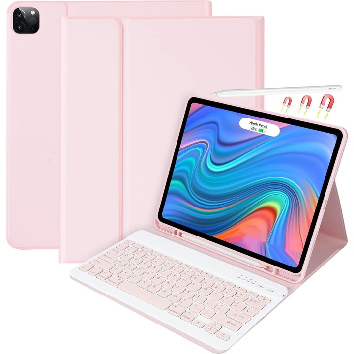 Tastatura pentru tableta, carcasa tastaturii pentru iPad Air 13 (M2) 2024 si iPad Pro 12.9-inch (5th Gen, 6th Gen) (compatibila cu modelele Air de 13-inch si 12.9-inch) - Tastatura detasabila wireless cu Auto Sleep/Wake, roz