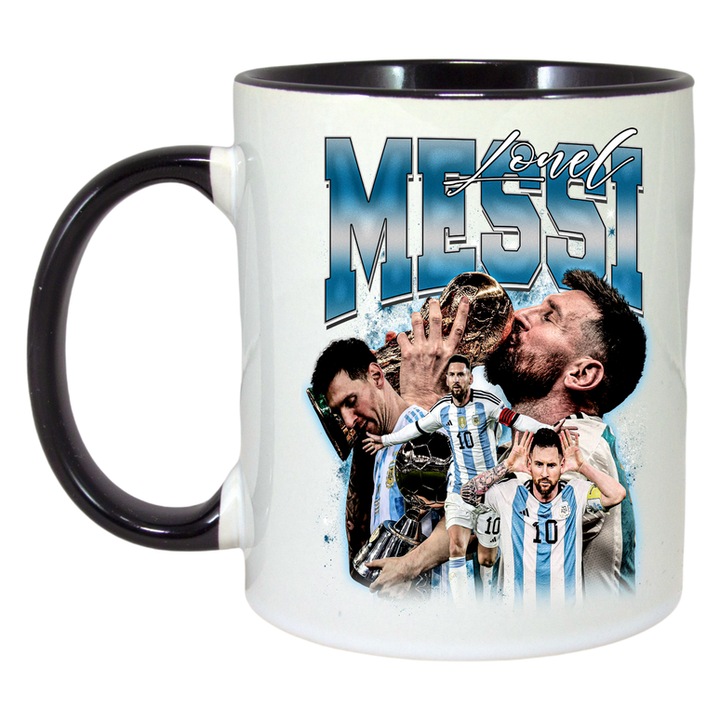 Cana Messi Lionel Argentina Campion, ceramica, Cri-Flo, 330ml, Maner si interior Negru