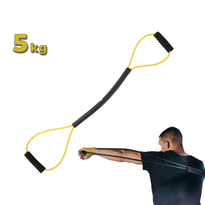 Banda Elastica Benzi de Rezistenta Pentru Exercitii de Fitness si, folosita in fitness si antrenamente de putere, pentru antrenamente acasa, box, taekwondo, lupta si alergare, este galbena si are o greutate de 5 kg