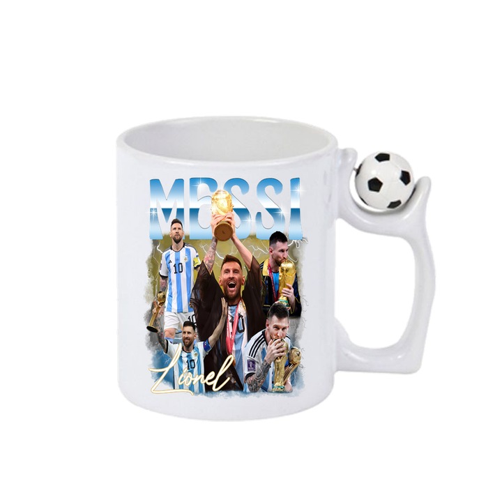 Cana Messi Argentina Chapion All Time, ceramica, Cri-Flo, 330ml, Minge rotativa antistres, Maner si interior Alb-Negru
