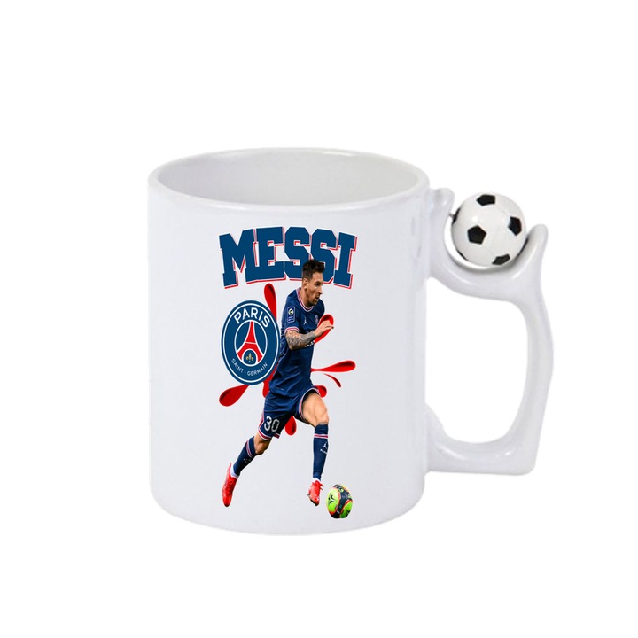Cana Messi Lionel PSH ball, ceramica, Cri-Flo, 330ml, Minge rotativa antistres, Maner si interior Alb-Negru