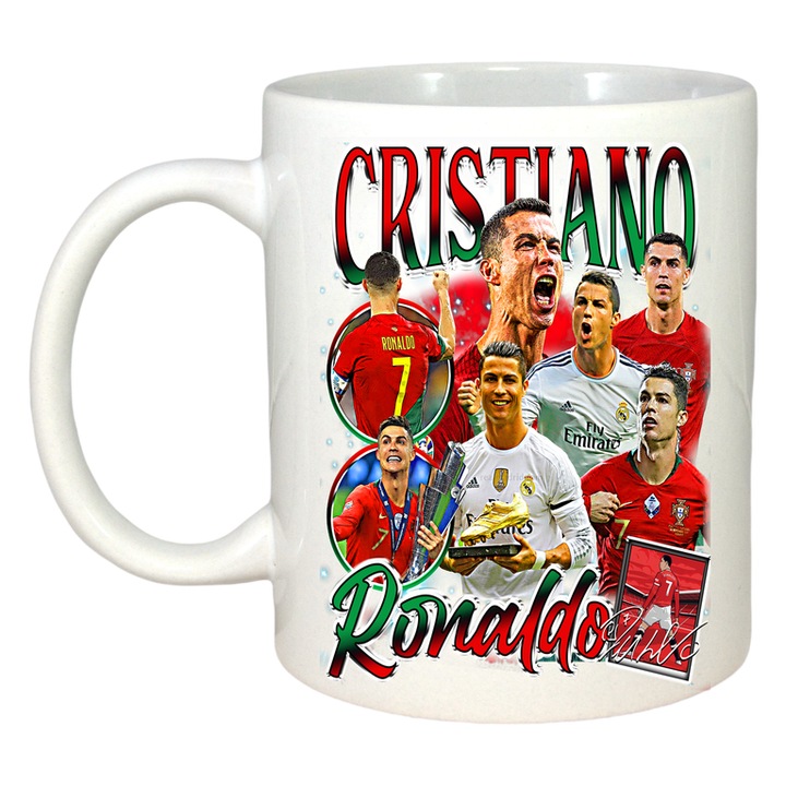 Cana Ronaldo Cristian Real Madrid Portugalia, ceramica, Cri-Flo, 330ml, Maner si interior Alb