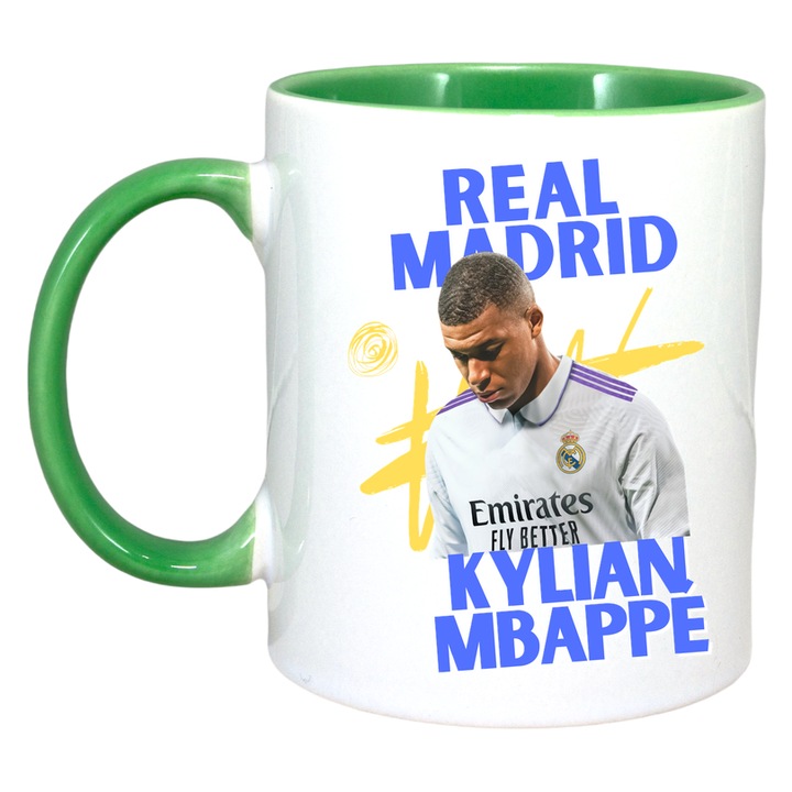 Cana Real Madrid Kylian Mbappe, ceramica, Cri-Flo, 330ml, Maner si interior Verde